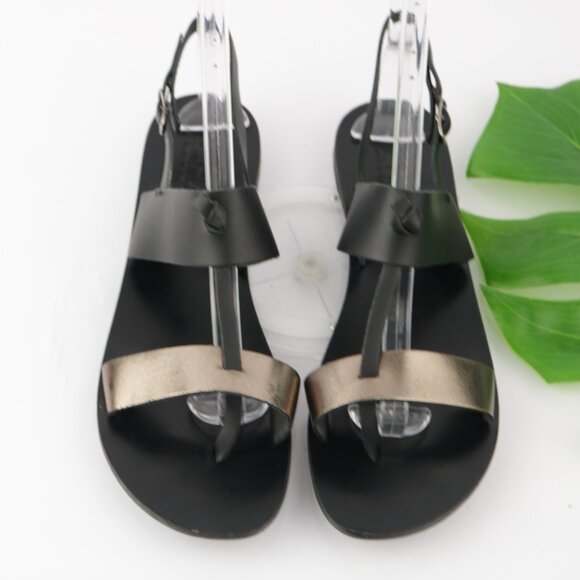 Bahia Womens Sandal Size 10 Black Gold Flat Leather Roman Thong Slingback Italy - Picture 13 of 14